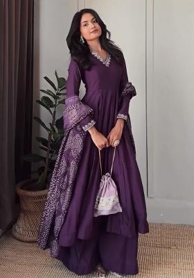 Purple Embroidery Sequence Silk Anarkali Set
