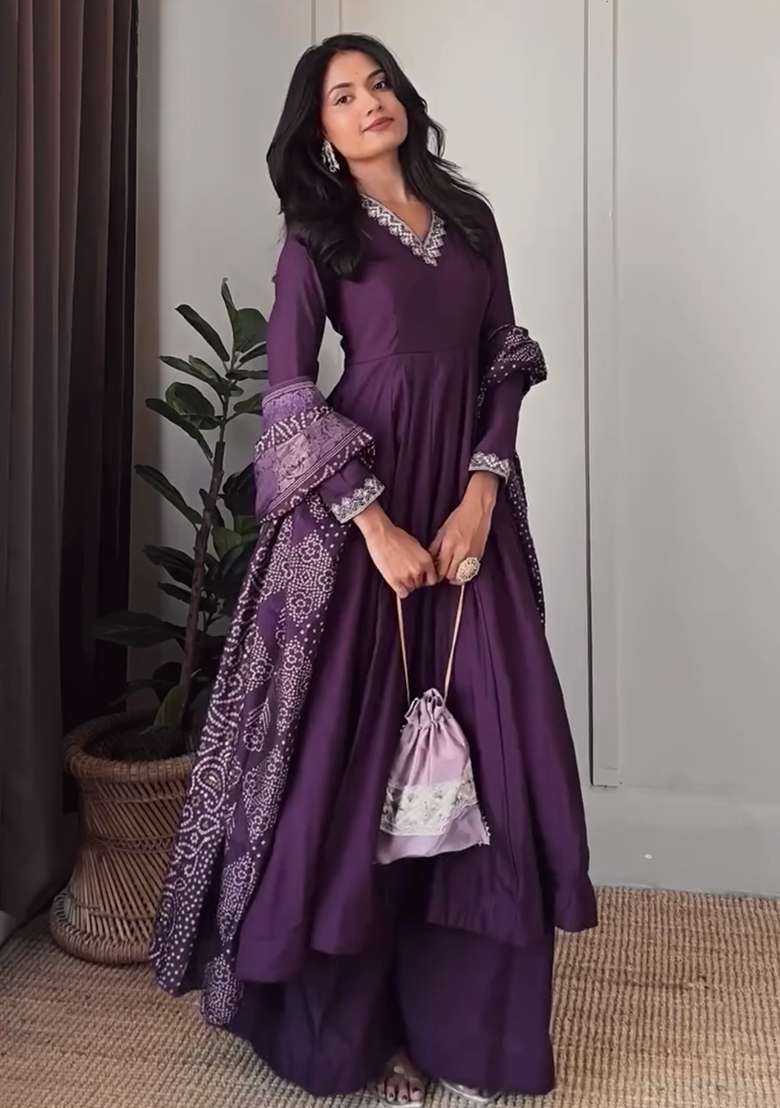 Purple Embroidery Sequence Silk Anarkali With Dupatta - Indya