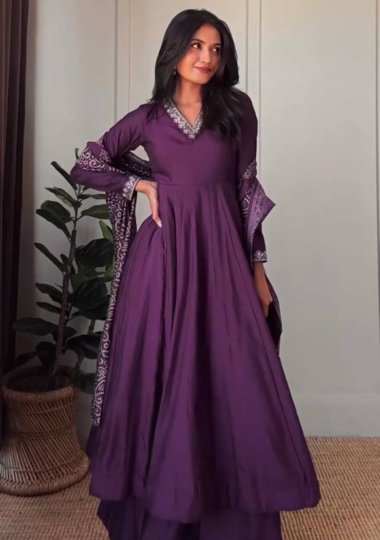 Purple Embroidery Sequence Silk Anarkali Set - Indya