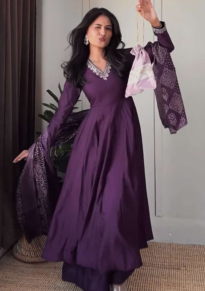 Purple Embroidery Sequence Silk Anarkali With Dupatta - Indya