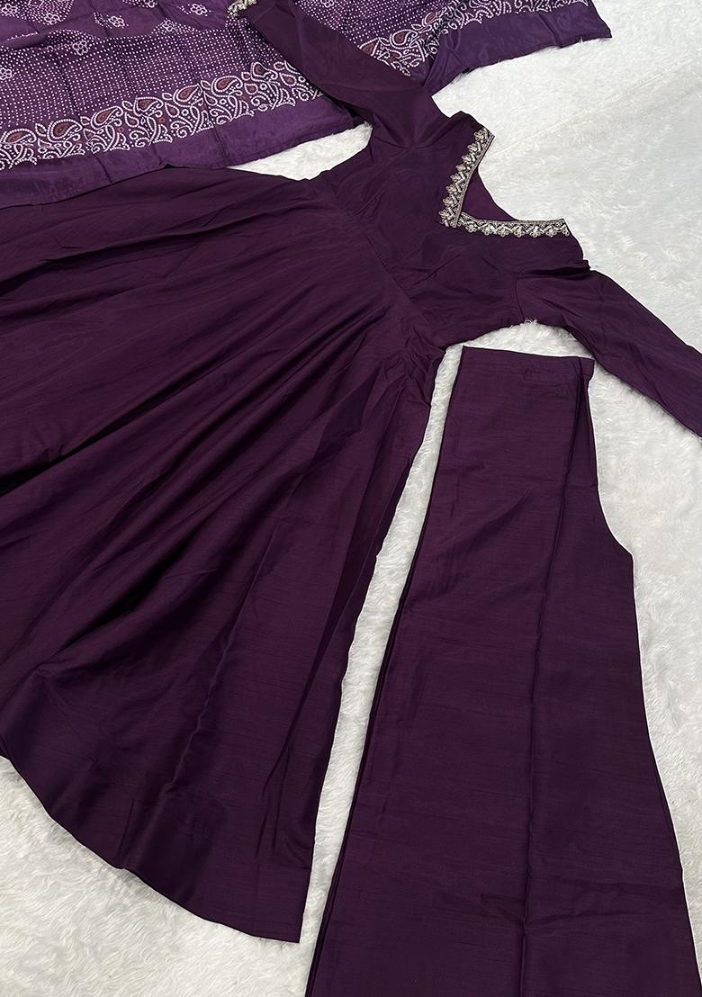 Purple Embroidery Sequence Silk Anarkali Set - Indya