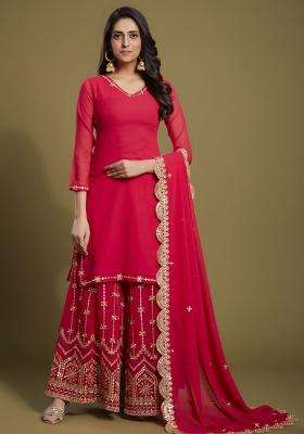 Pink Embroidered Blended Salwar Kameez