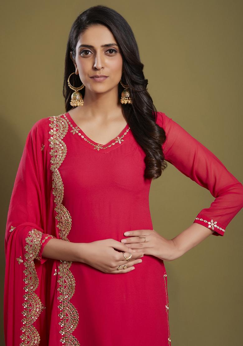 Pink Embroidered Blended Salwar Kameez - Indya