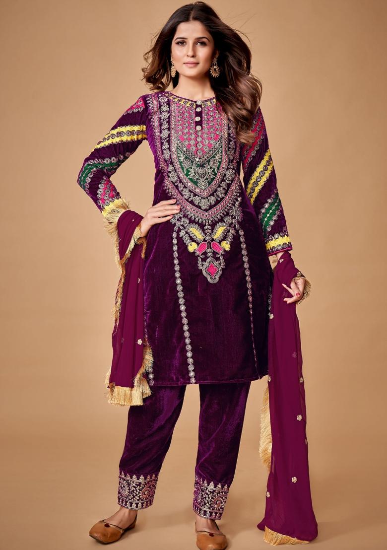 Wine Embroidered Blended Salwar Kameez