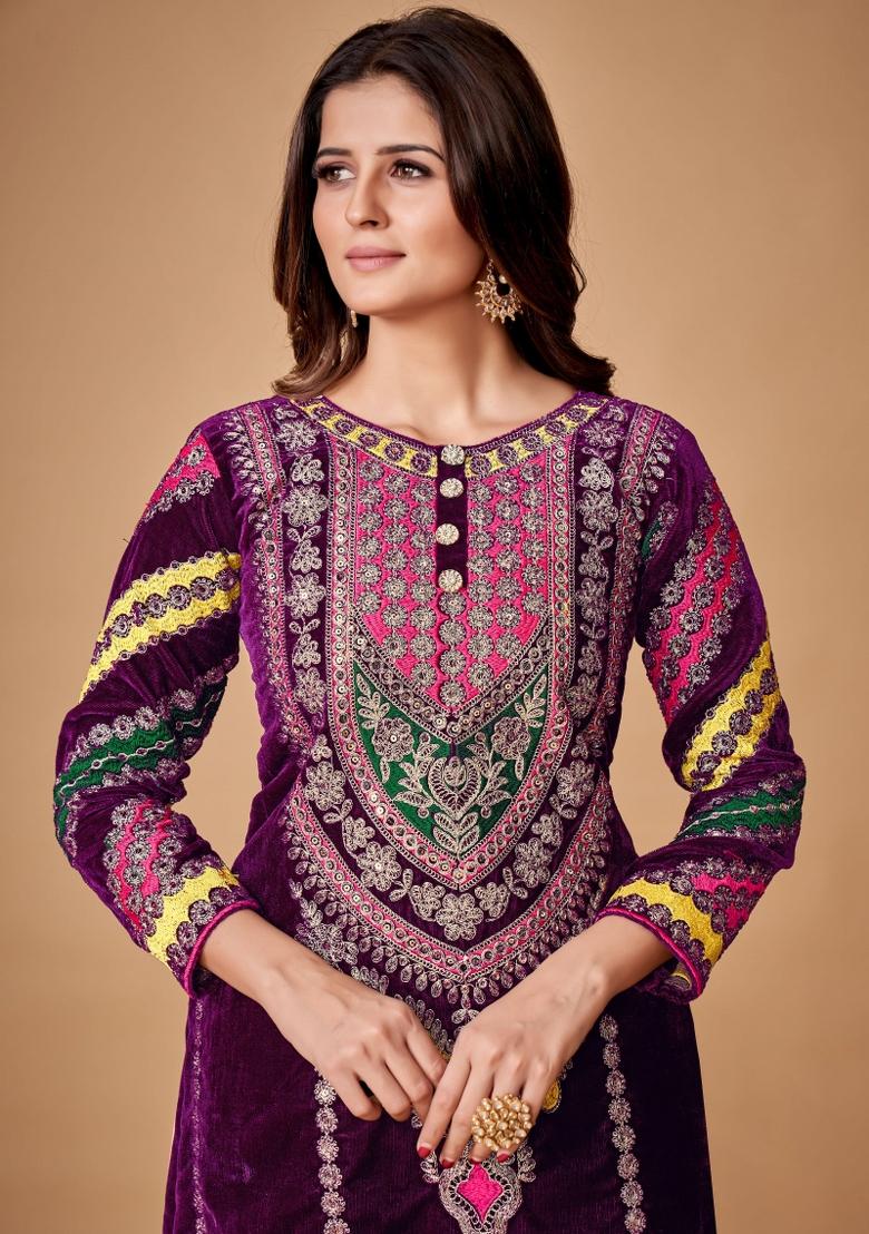 Wine Embroidered Blended Salwar Kameez