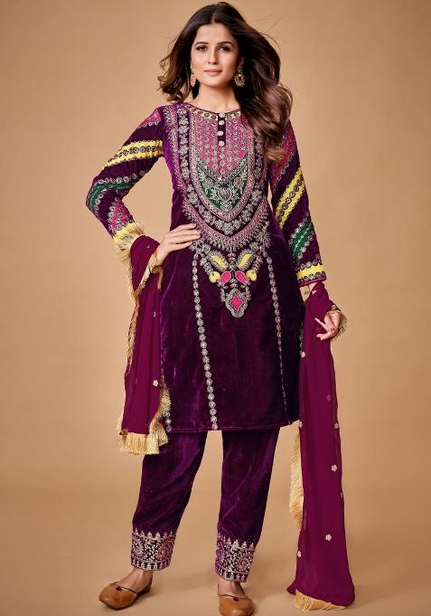 Wine Embroidered Blended Salwar Kameez