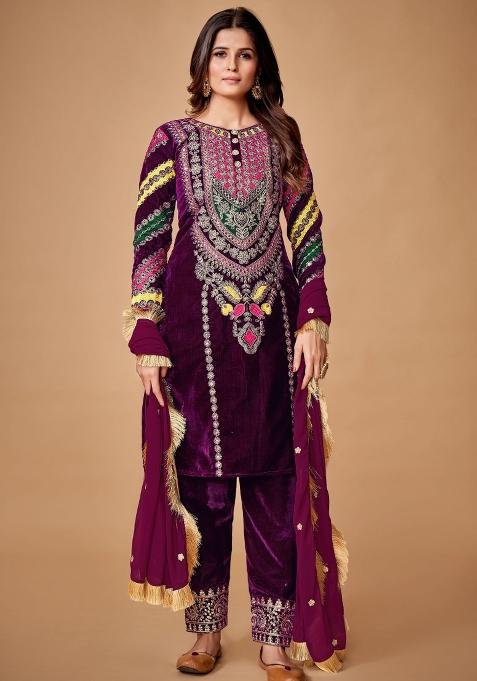 Wine Embroidered Blended Salwar Kameez