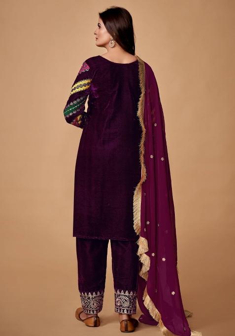 Wine Embroidered Blended Salwar Kameez