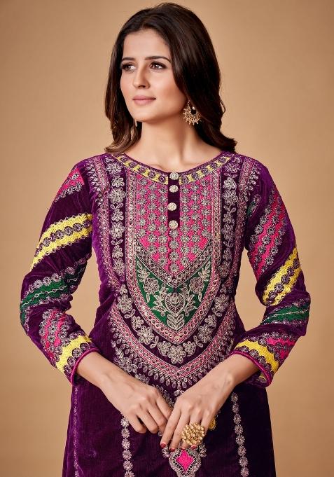 Wine Embroidered Blended Salwar Kameez