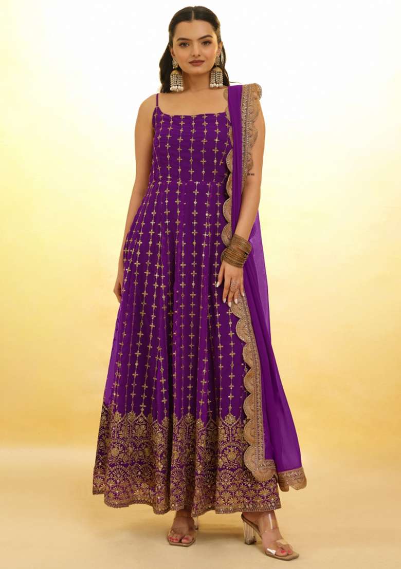 Purple Embroidered Blended Anarkali With Dupatta - Indya