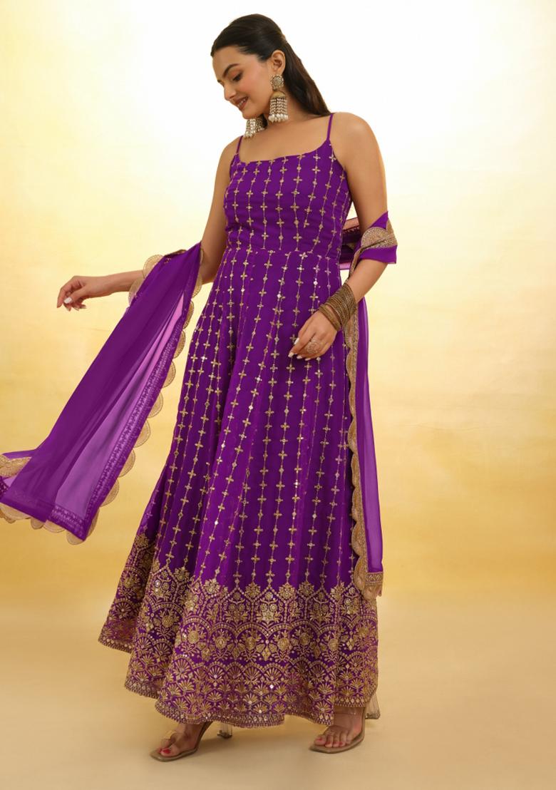 Purple Embroidered Blended Anarkali Set - Indya