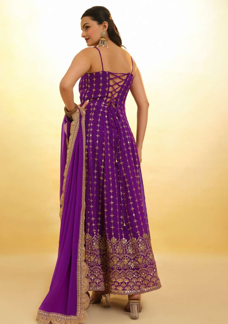 Purple Embroidered Blended Anarkali With Dupatta - Indya