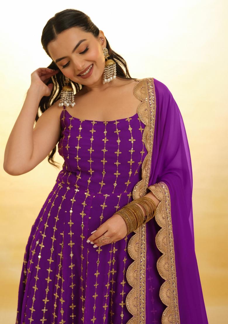 Purple Embroidered Blended Anarkali Set - Indya