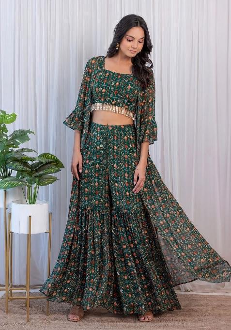 Green Embroidered Blended Crop Top