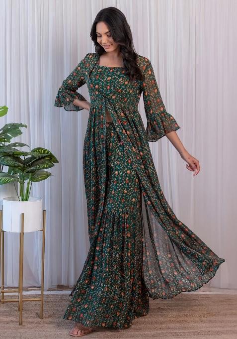 Green Embroidered Blended Crop Top