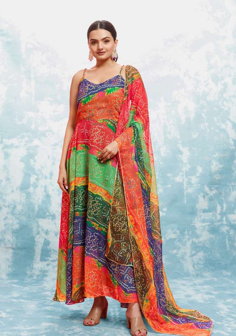 Multicolor Bandhani Blended Anarkali Set - Indya