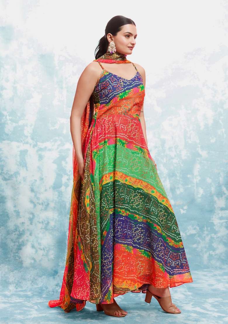 Multicolor Bandhani Blended Anarkali Set - Indya