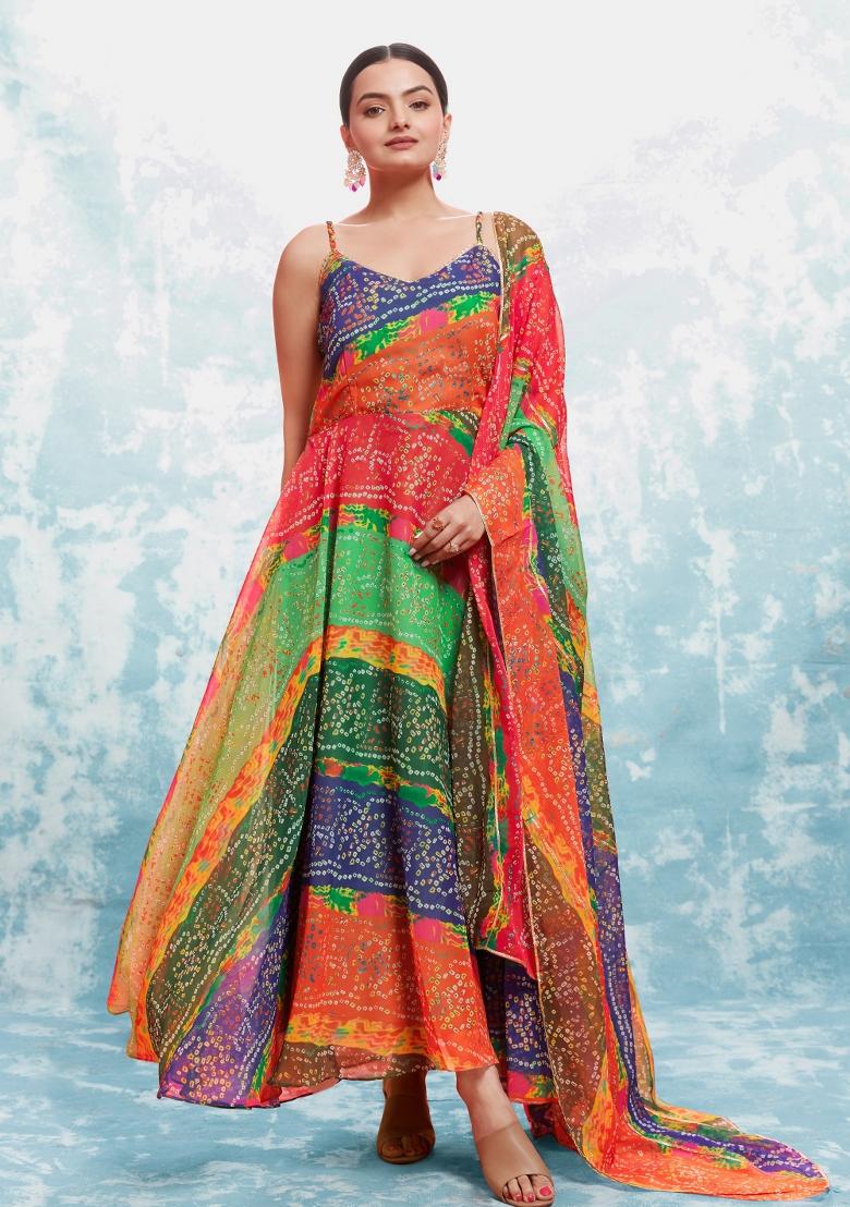 Multicolor Embroidered Blended Gown - Indya
