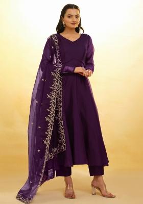 Wine Embroidered Blended Salwar Kameez