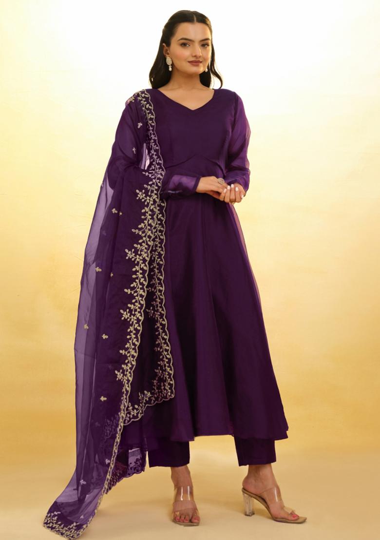 Wine Embroidered Blended Salwar Kameez