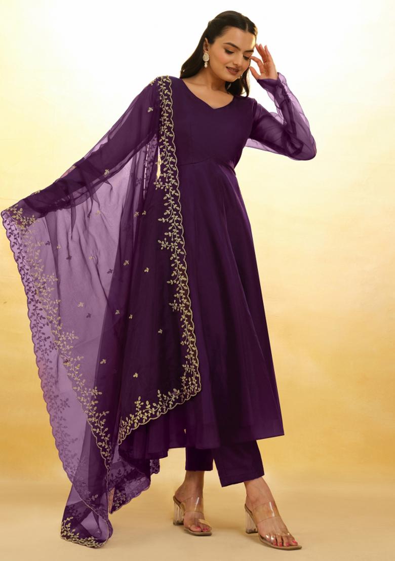 Wine Embroidered Blended Salwar Kameez