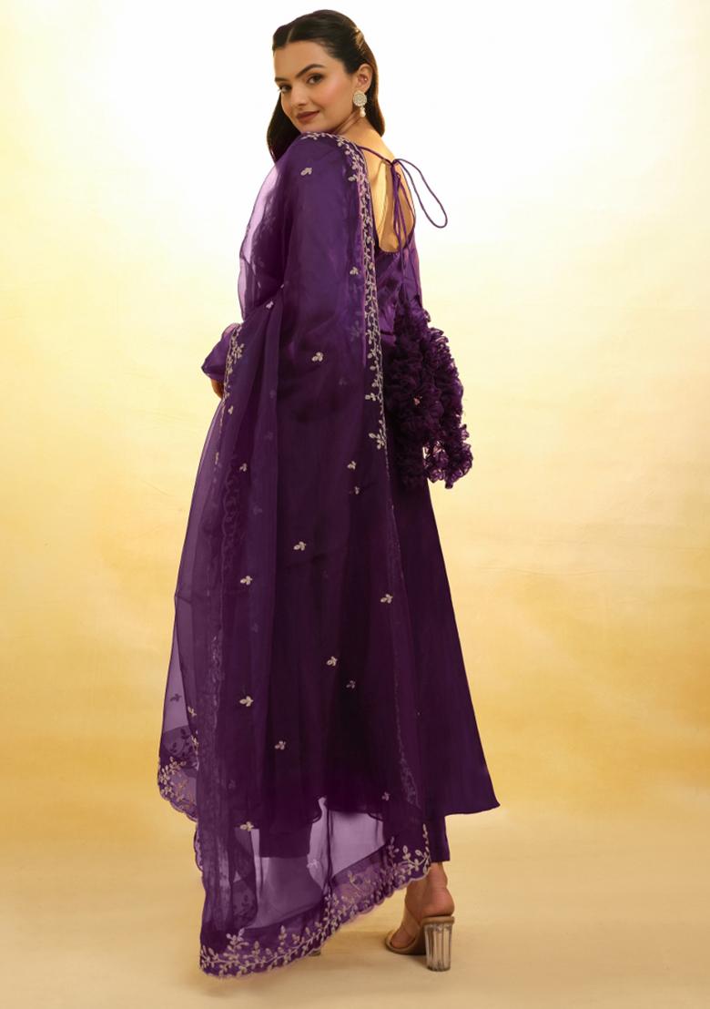 Wine Embroidered Blended Salwar Kameez