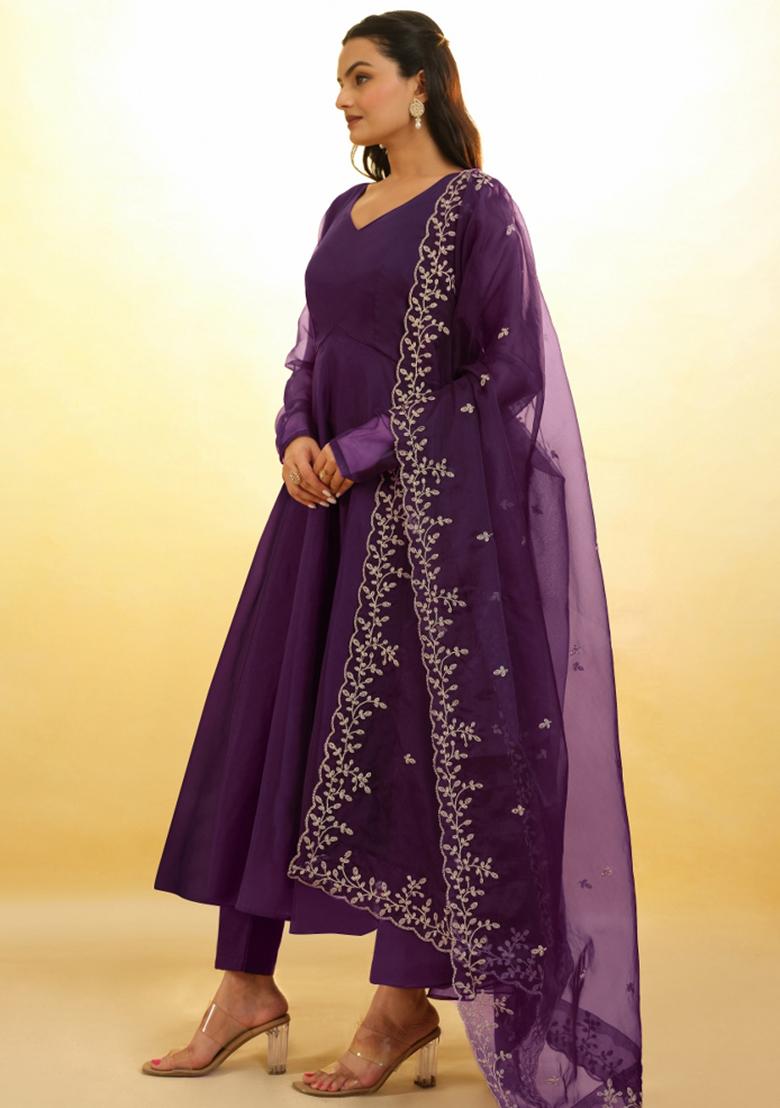 Wine Embroidered Blended Salwar Kameez