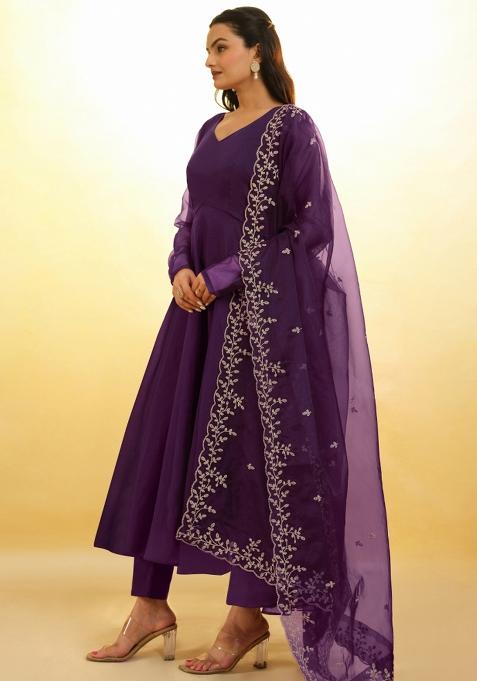 Wine Embroidered Blended Salwar Kameez