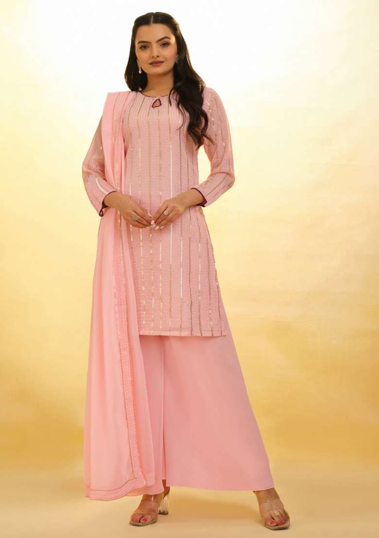 Baby Pink Sequin Work Blended Straight Kurta Set - Indya