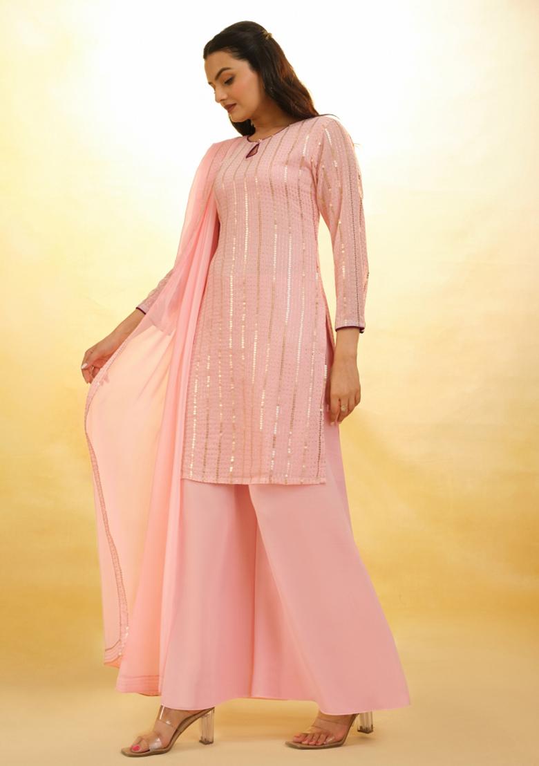 Baby Pink Embroidered Blended Salwar Kameez - Indya