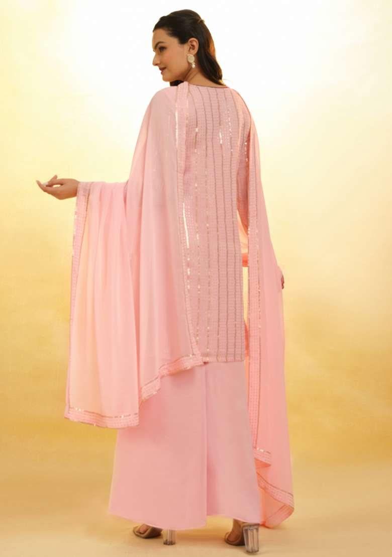 Baby Pink Sequin Work Blended Straight Kurta Set - Indya