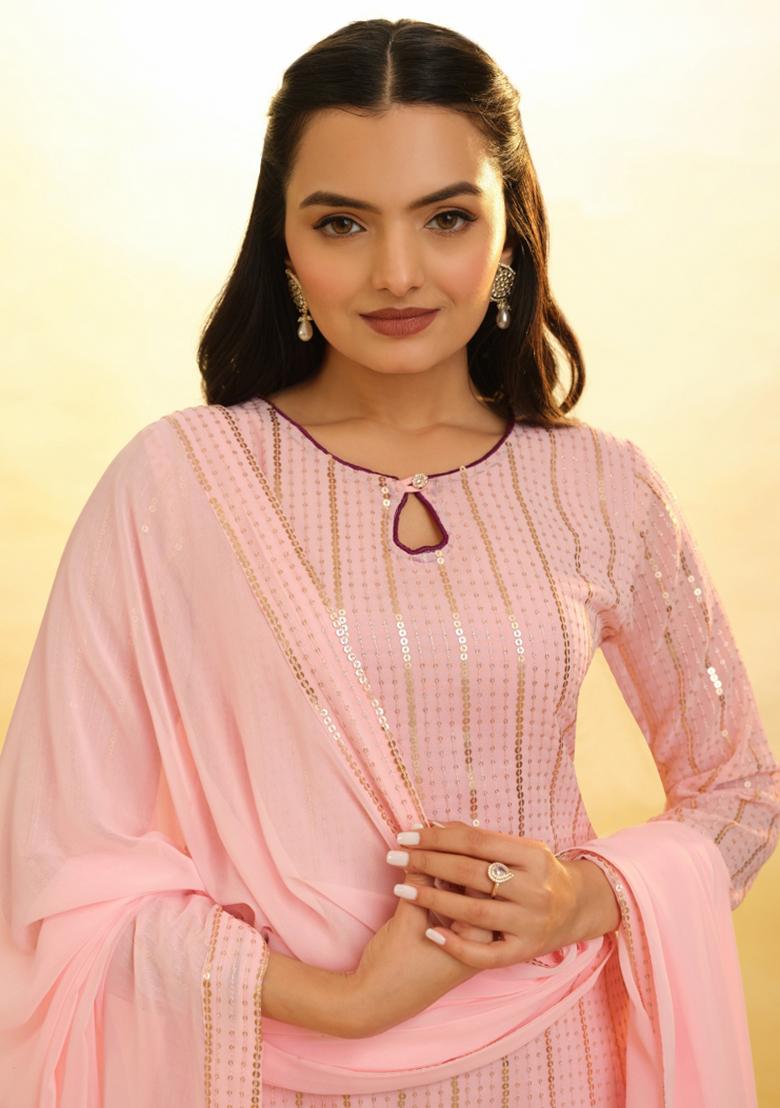 Baby Pink Embroidered Blended Salwar Kameez - Indya