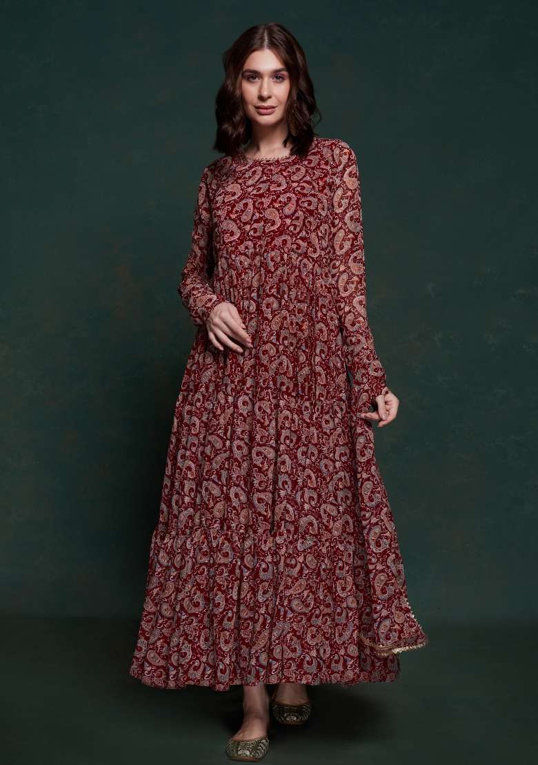 Maroon Blended Anarkali Set with Printed for Diwali | Wedding & Festive Wear - Indya
