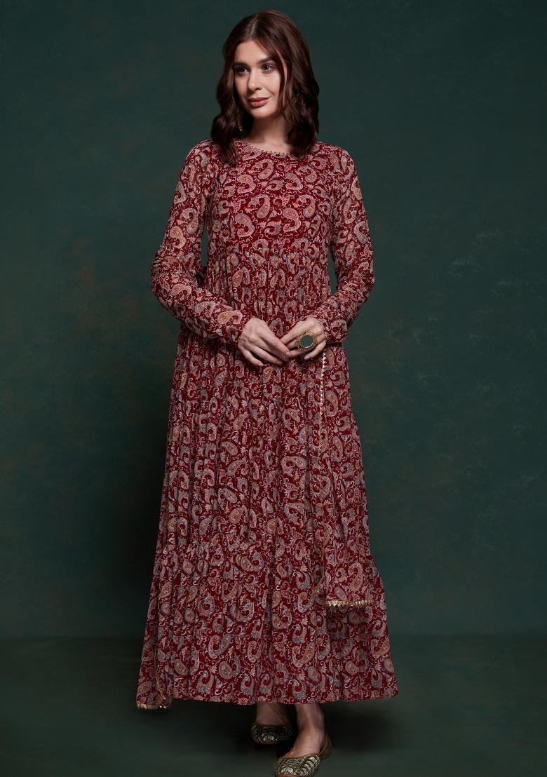 Maroon Embroidered Blended Gown - Indya