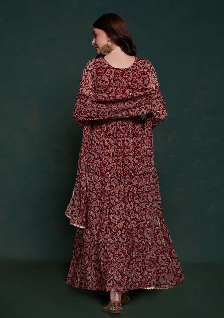 Maroon Blended Anarkali Set with Printed for Diwali | Wedding & Festive Wear - Indya