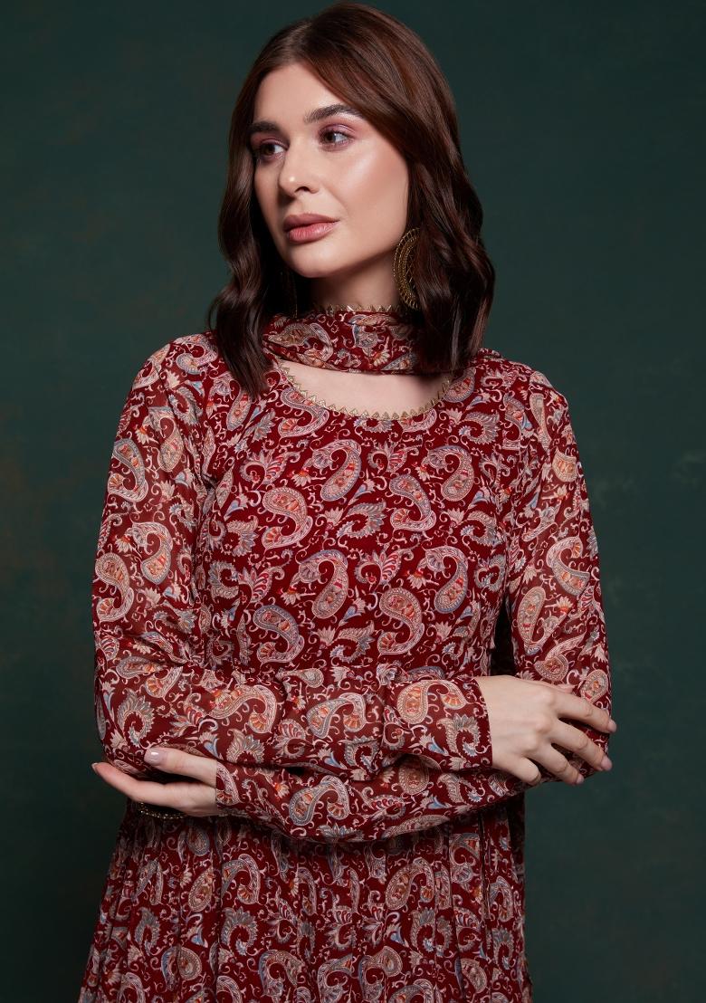 Maroon Embroidered Blended Gown - Indya