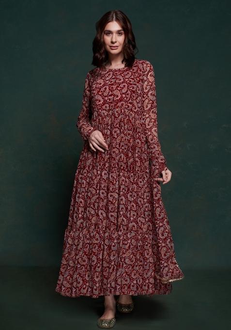 Maroon Embroidered Blended Gown