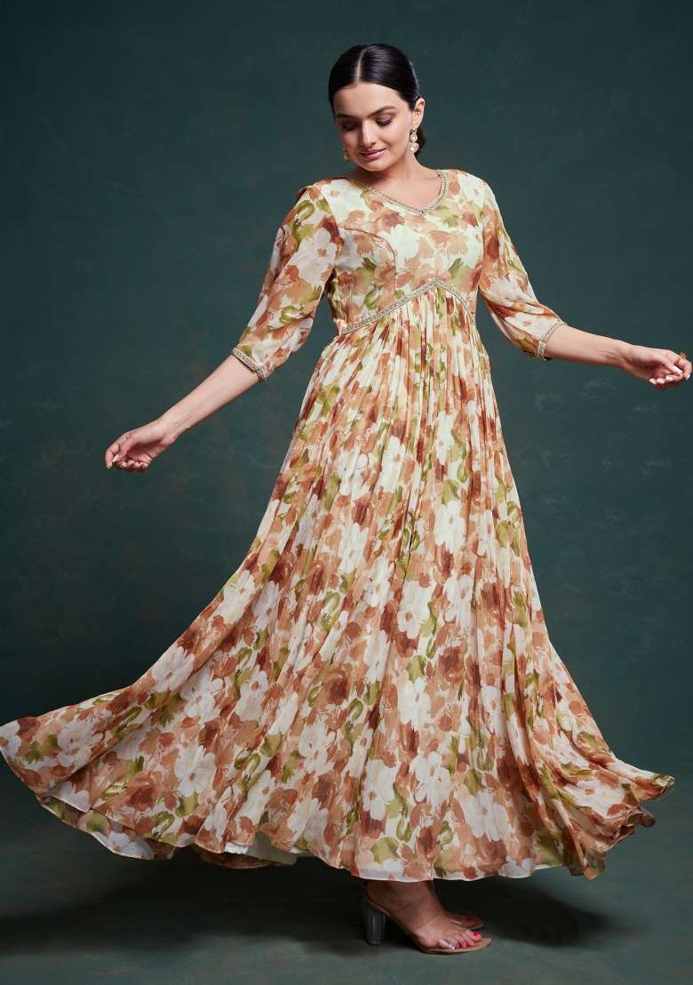 Multicolor Blended Gown with Floral Print for Diwali | Wedding & Festive Wear - Indya