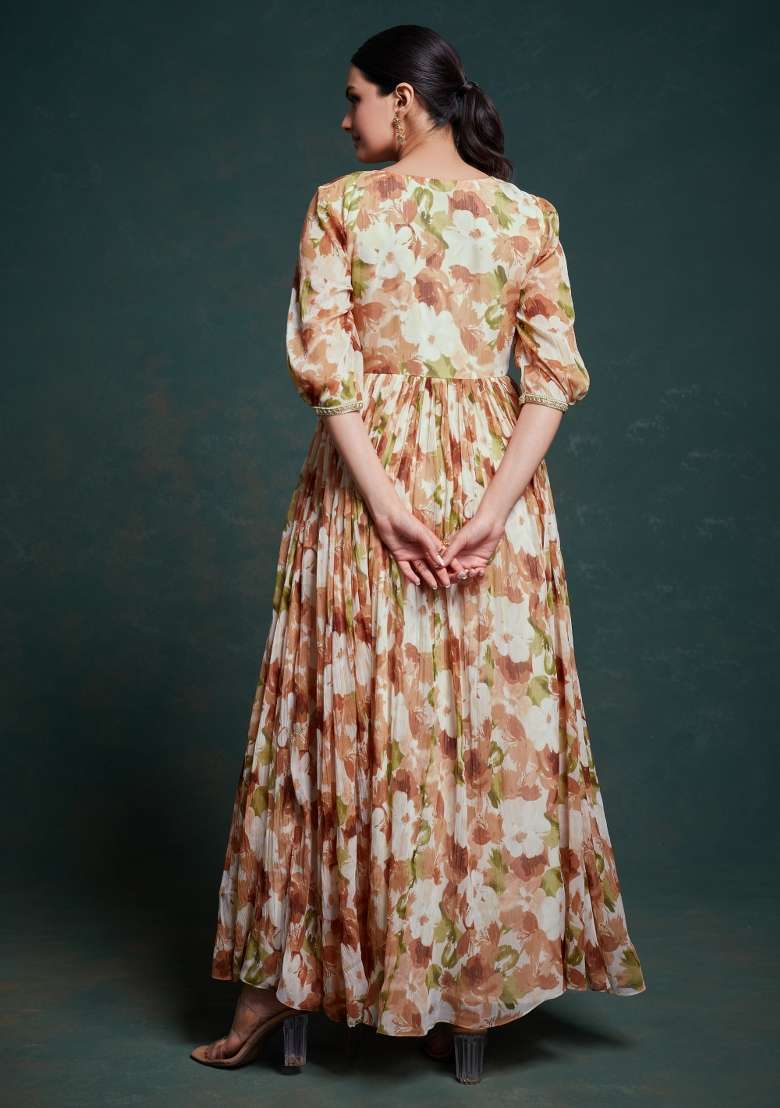 Multicolor Blended Gown with Floral Print for Diwali | Wedding & Festive Wear - Indya