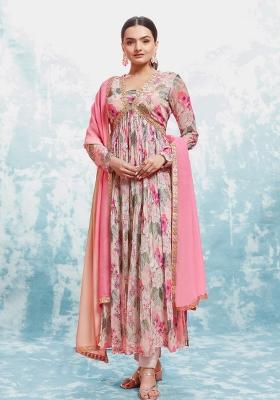 Peachish Pink Embroidered Blended Gown