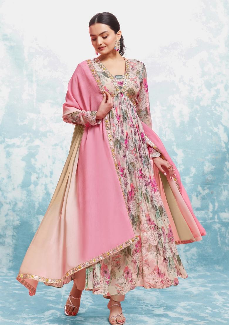 Peachish Pink Embroidered Blended Gown - Indya