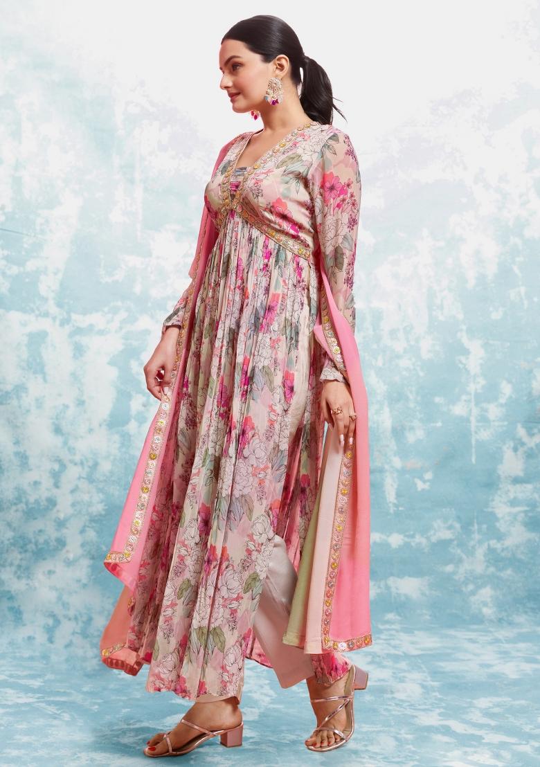 Peachish Pink Embroidered Blended Gown - Indya
