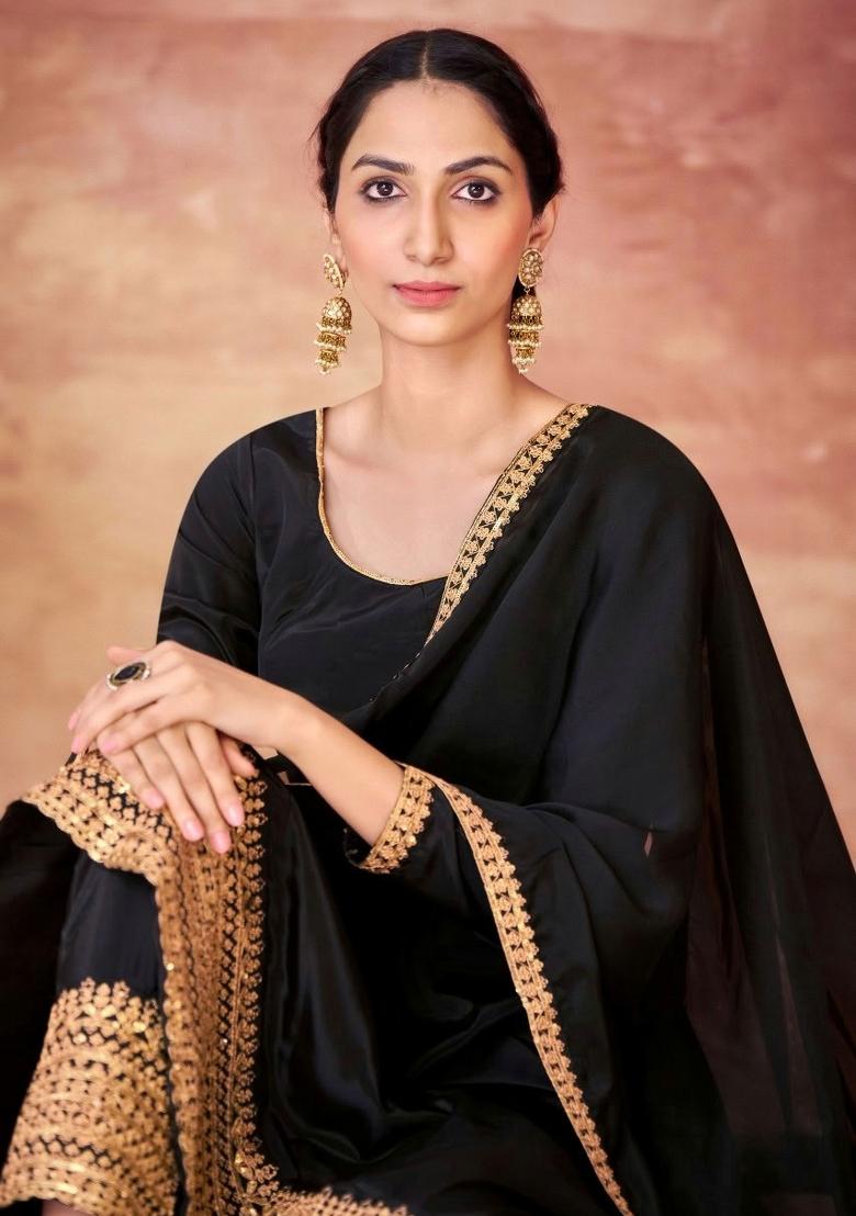 Black Embroidered Blended Kurta Set - Indya