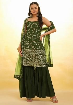 Green Embroidered Blended Salwar Kameez