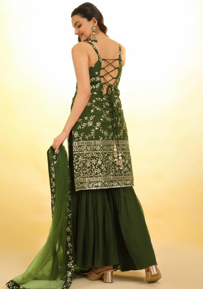 Green Embroidered Blended Salwar Kameez