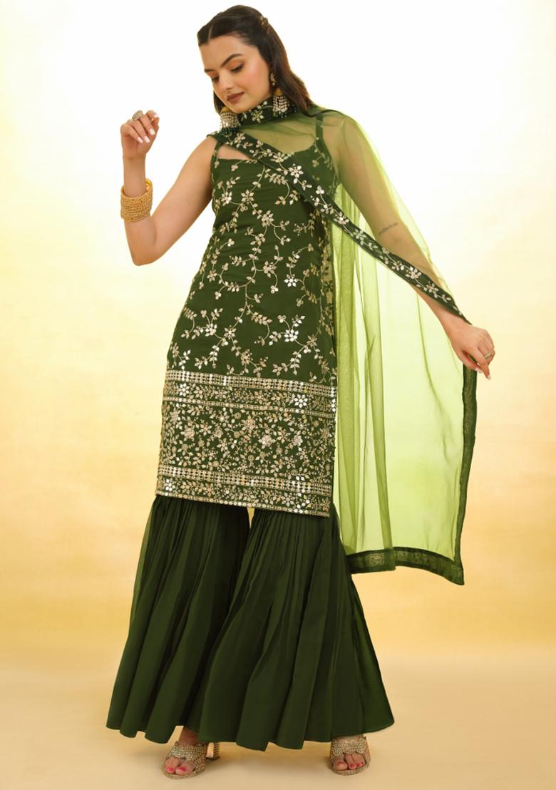 Green Embroidered Blended Salwar Kameez