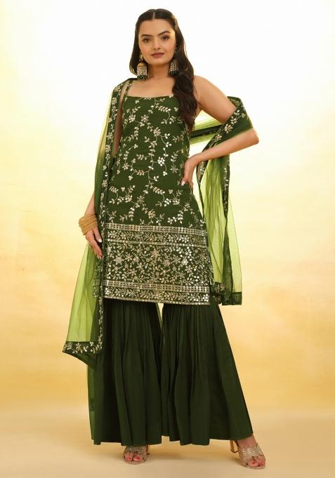 Green Embroidered Blended Salwar Kameez