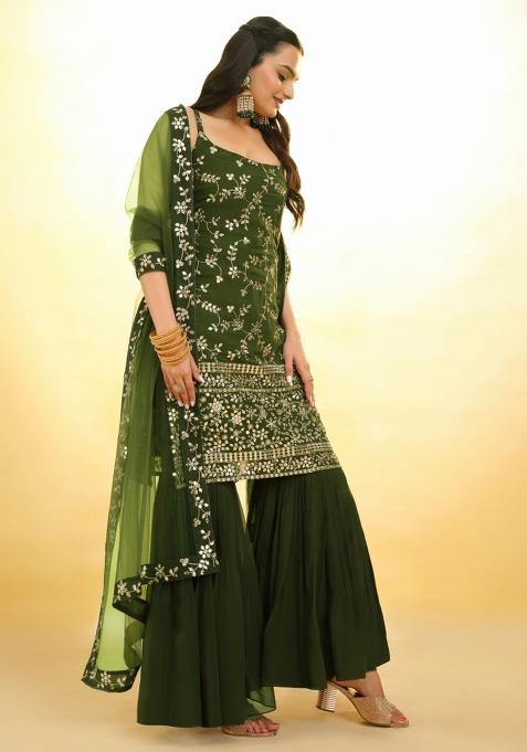 Green Embroidered Blended Salwar Kameez