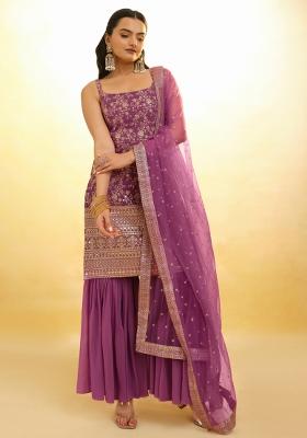 Purple Embroidered Blended Salwar Kameez