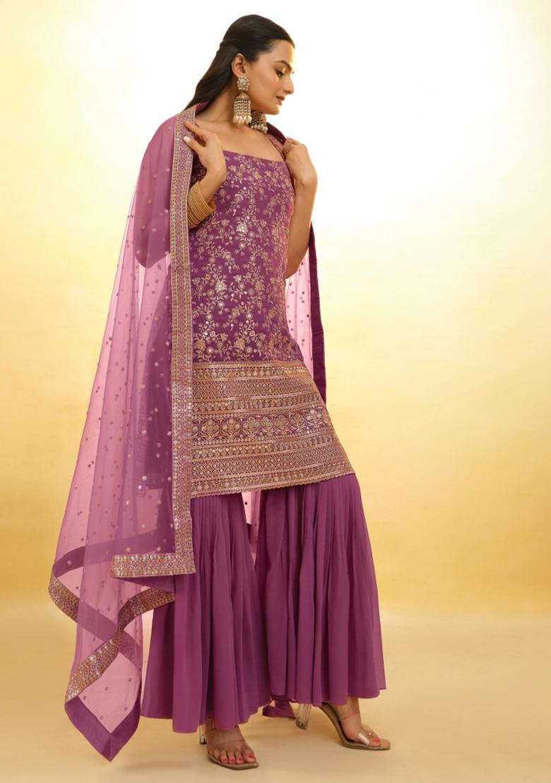 Purple Embroidered Blended Salwar Kameez - Indya